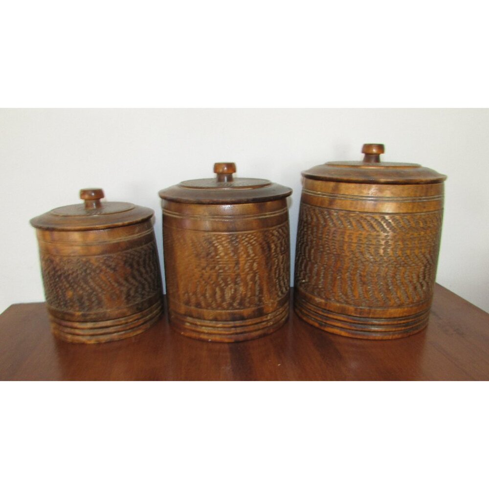 Solid Wood Carved Canisters Set - Vintage